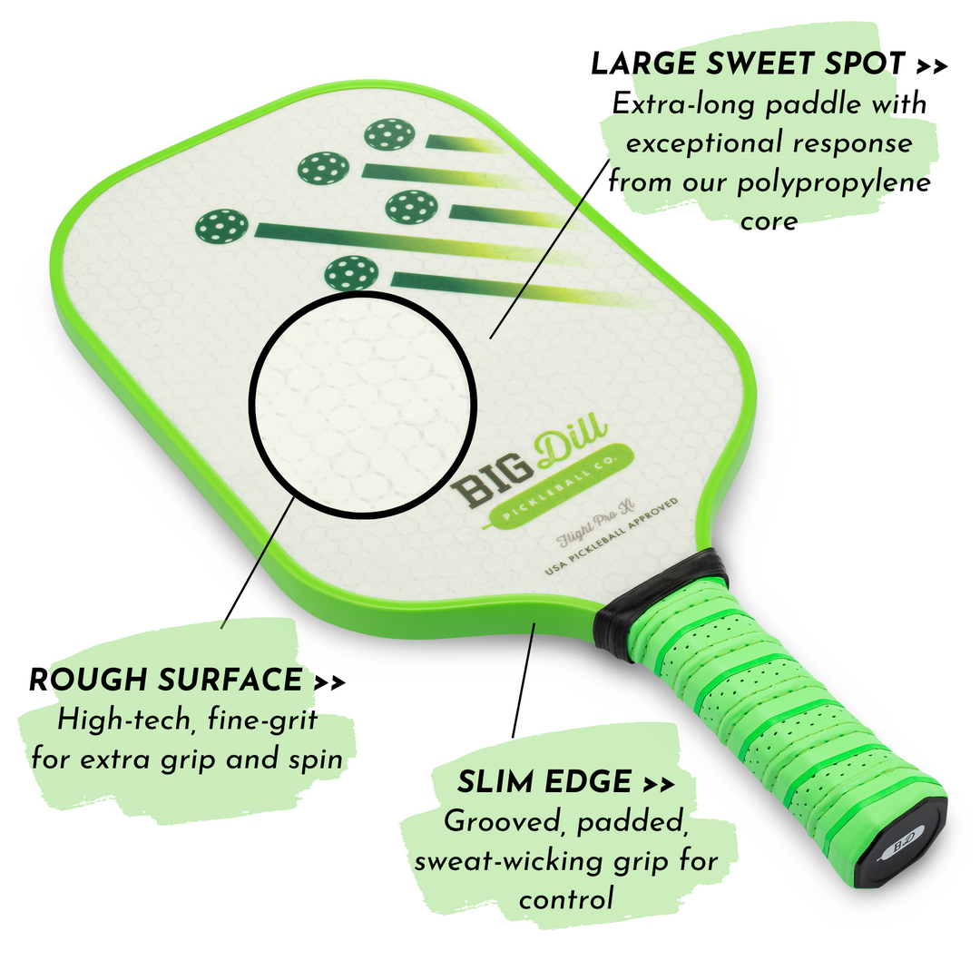 Large sweet spot: Extra-long paddle with exceptional response from our polypropylene core. Rough surface: High-tech, fine-grit for extra grip and spin. Slim edge: Grooved, padded, sweat-wicking grip for control.