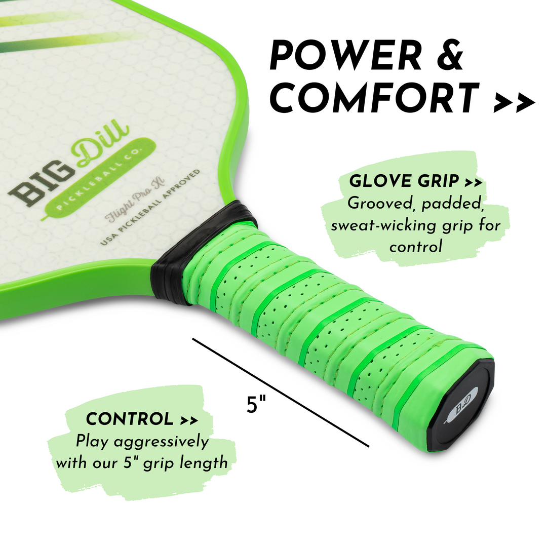 Power & Comfort: Glove grip: Grooved, padded, sweat-wicking grip for control. Control: Play aggressively with our 5" grip length.