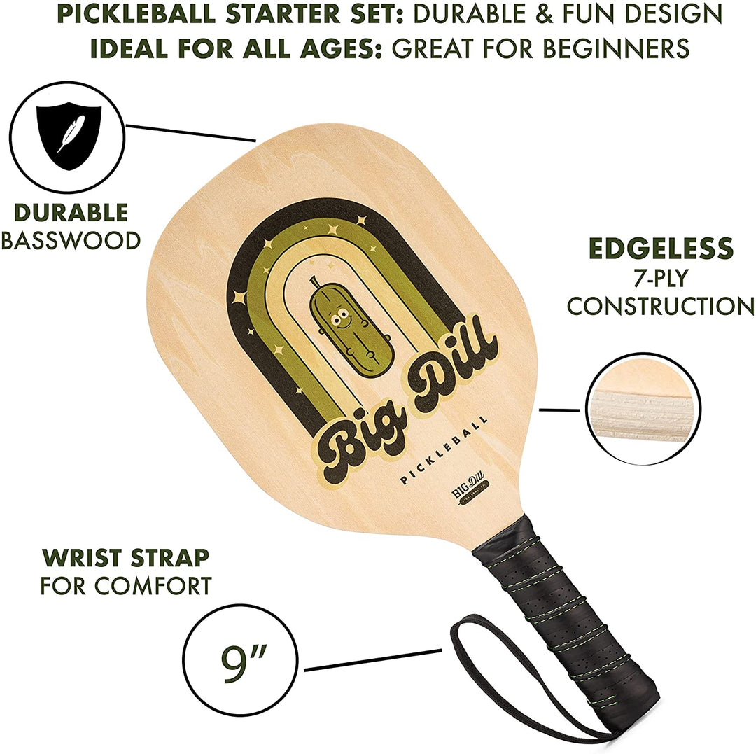 Big Dill Pickleball Co. Superstar Wooden Pickleball Paddle Set Bundle Pack of 4 Wood Pickleball Paddles, 4 Outdoor Pickleball Balls & Drawstring Bag