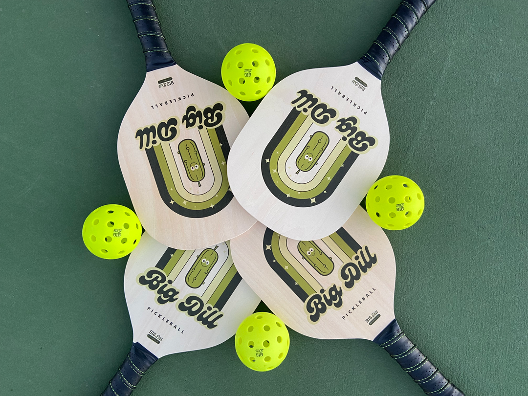 Big Dill Pickleball Co. Superstar Wooden Pickleball Paddle Set Bundle Pack of 4 Wood Pickleball Paddles, 4 Outdoor Pickleball Balls & Drawstring Bag